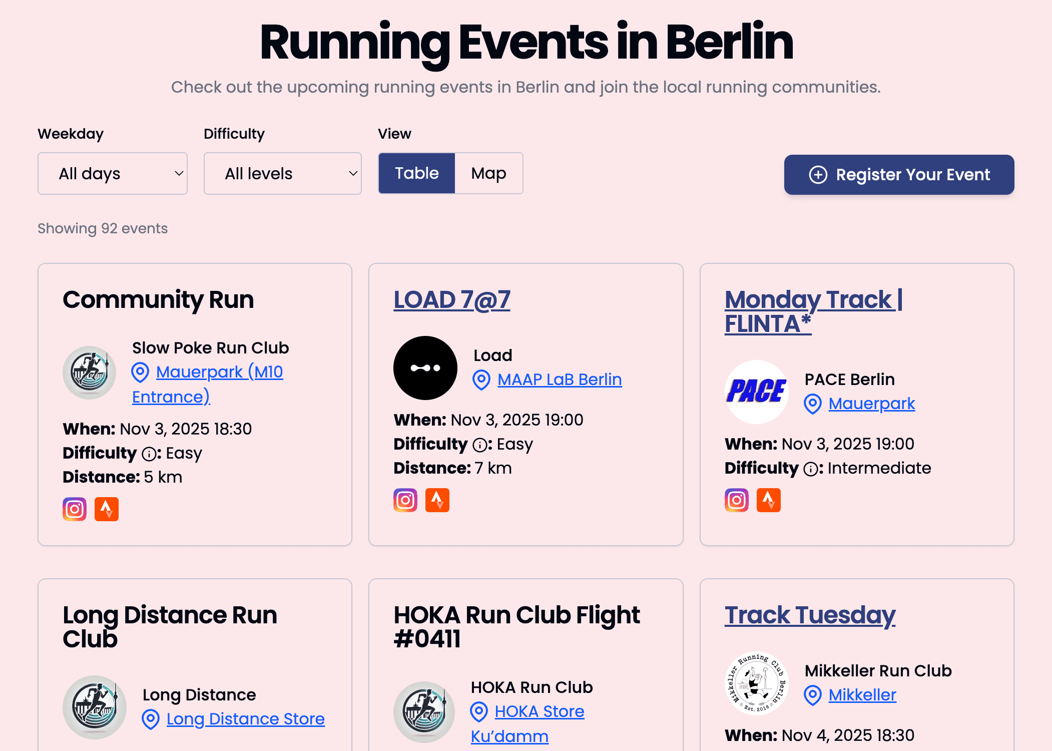 A website listing upcoming running events in Berlin with details and filters.