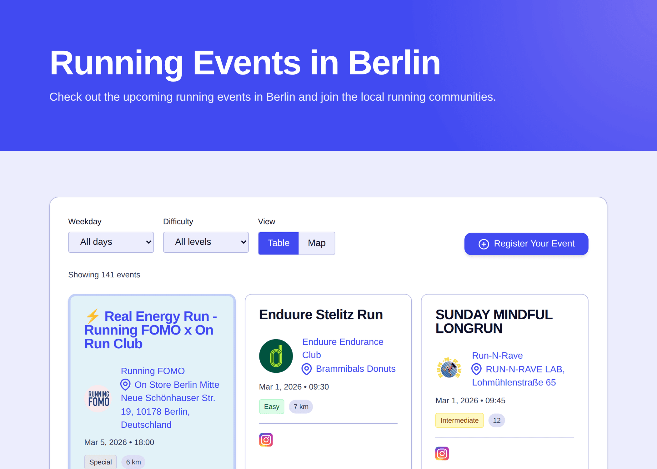 A website listing upcoming running events in Berlin with details and filters.